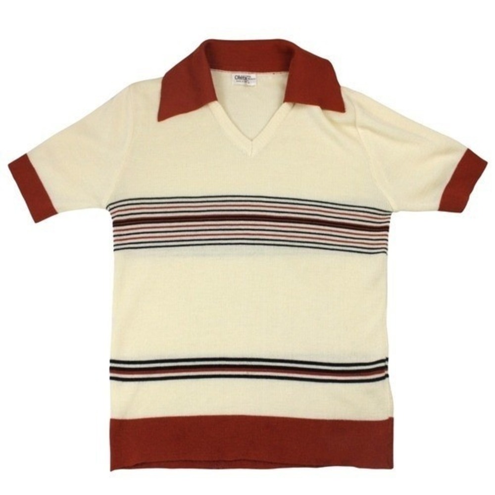 Vintage 70s Ohrbachs Men's Knit Polo Sweater Large Cream Rust Striped Mod Disco